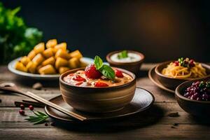 a bowl of soup with vegetables and a bowl of rice. AI-Generated photo