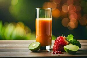 a glass of juice with strawberries and a slice of lime. AI-Generated photo