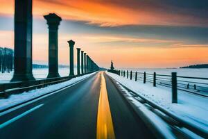 un largo la carretera con pilares en el nieve. generado por ai foto