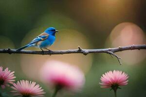 un azul pájaro se sienta en un rama con rosado flores generado por ai foto