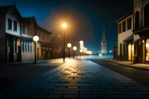 a street at night with lights on the buildings. AI-Generated photo