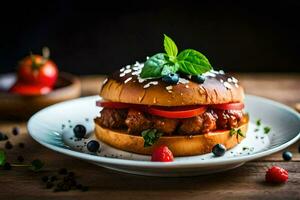 a hamburger with tomatoes, peppers and basil. AI-Generated photo