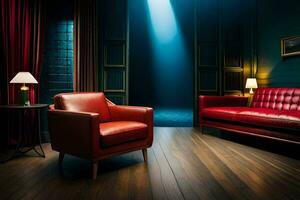 a red leather couch and chair in a dark room. AI-Generated photo