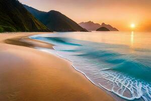 el Dom conjuntos terminado un playa y montañas. generado por ai foto