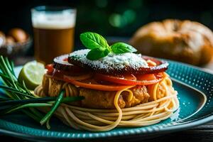 a plate with spaghetti and tomato on top. AI-Generated photo