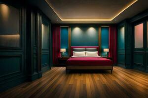 a bedroom with blue walls and wood floors. AI-Generated photo