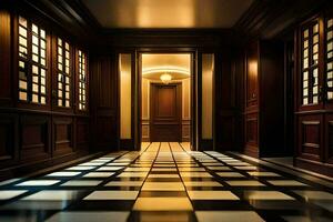 a hallway with a door and a checkered floor. AI-Generated photo