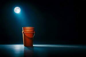 a bucket of paint on a dark floor with a full moon in the background. AI-Generated photo