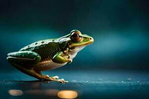 a frog is standing on its hind legs. AI-Generated photo