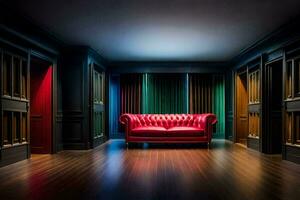 a red leather couch in a dark room. AI-Generated photo