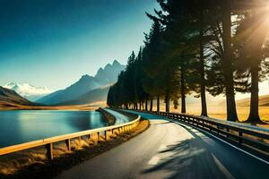 un la carretera líder a un lago y montañas. generado por ai foto