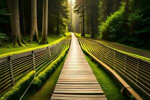 a wooden walkway in the middle of a forest. AI-Generated photo