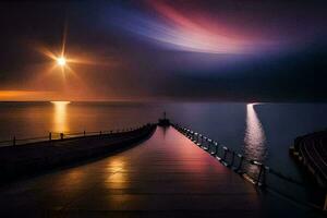 a long pier with a bright light shining over it. AI-Generated photo