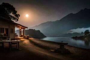 un cabina por el lago a noche. generado por ai foto