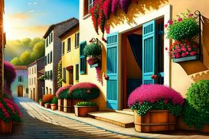 an illustration of a street with flowers in pots. AI-Generated photo