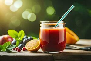 a glass of juice with berries and fruit. AI-Generated photo