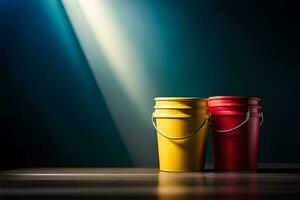 two red and yellow buckets on a table. AI-Generated photo