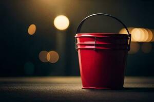 a red bucket sitting on the ground in front of a blurry background. AI-Generated photo