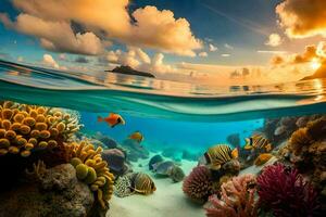 the sun sets over a coral reef and fish. AI-Generated photo