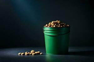 a green bucket filled with peanuts on a dark background. AI-Generated photo