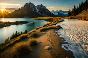 el Dom sube terminado el montañas y lago en esta hermosa paisaje. generado por ai foto