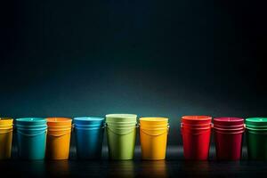 a row of colorful plastic buckets on a dark background. AI-Generated photo
