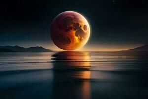 the moon is reflected in the water. AI-Generated photo