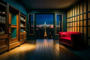 un habitación con un rojo silla y un ver de el ciudad. generado por ai foto