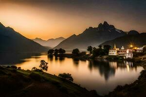 un Iglesia se sienta en el apuntalar de un lago a puesta de sol. generado por ai foto