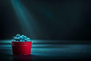 a bucket filled with blueberries on a dark surface. AI-Generated photo