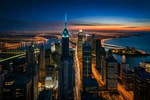 the city skyline at night with the empire state building in the foreground. AI-Generated photo