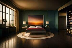 a bedroom with a large painting on the wall. AI-Generated photo