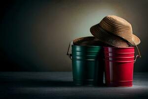 two red and green buckets with a hat on top. AI-Generated photo