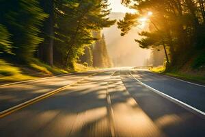 un la carretera en el bosque con el Dom brillante. generado por ai foto