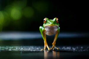 a frog is standing on a wet surface. AI-Generated photo