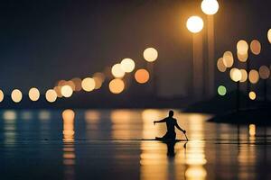 a man is standing on the water at night. AI-Generated photo