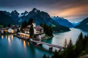 a beautiful lake and mountain village in the swiss alps. AI-Generated photo