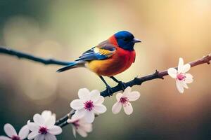 a colorful bird sits on a branch with flowers. AI-Generated photo