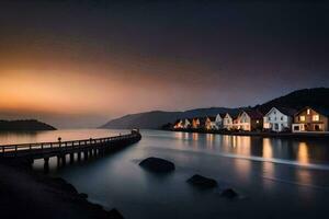 a pier at sunset with houses on the water. AI-Generated photo