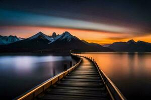 a wooden pier leads to a mountain range at sunset. AI-Generated photo