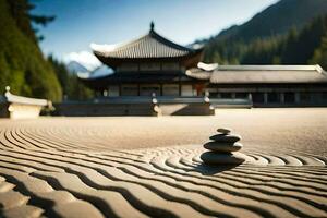 un zen jardín en el montañas. generado por ai foto