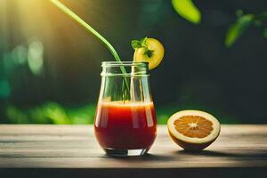 a glass of juice with a lemon slice on a wooden table. AI-Generated photo