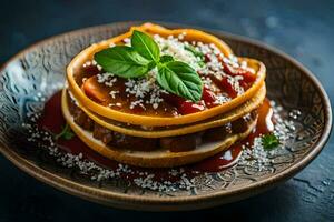 a plate with a stack of pancakes on top. AI-Generated photo