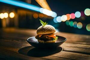 a hamburger on a plate with lights in the background. AI-Generated photo