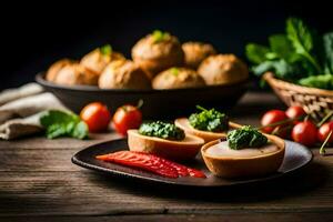 pequeño aperitivos en un plato con Tomates y albahaca. generado por ai foto