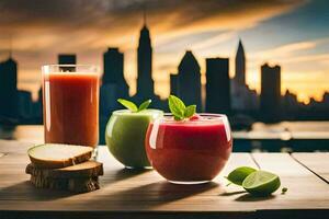 juice and smoothie on a wooden table with city skyline in the background. AI-Generated photo