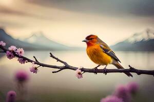 foto fondo de pantalla el cielo, flores, pájaro, lago, montañas, flores, pájaro, pájaro,. generado por ai