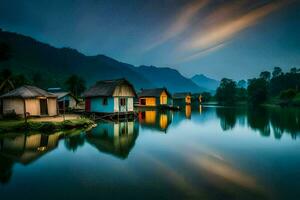 photo wallpaper the sky, water, mountains, house, the night, the lake, the mountains. AI-Generated