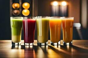 five different juices are lined up on a table. AI-Generated photo