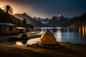 a tent sits on the shore of a lake at sunset. AI-Generated photo